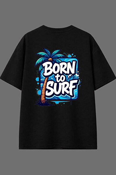 VSRN Tricou oversize negru cu imprimeu pe spate, design Born To Surf