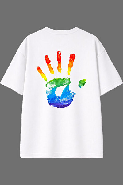 VSRN Tricou oversize alb cu imprimeu pe spate, cu design colorat realizat manual