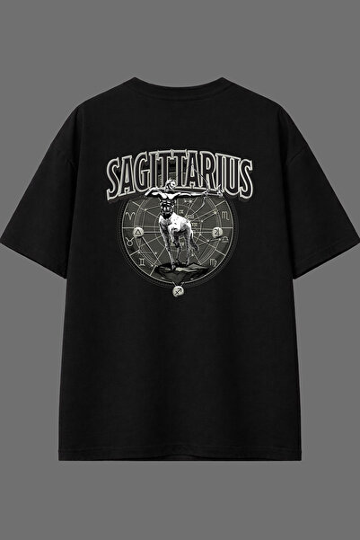 VSRN تي شيرت أسود كبير الحجم بتصميم برج ساجيتاروس مطبوع من الخلف