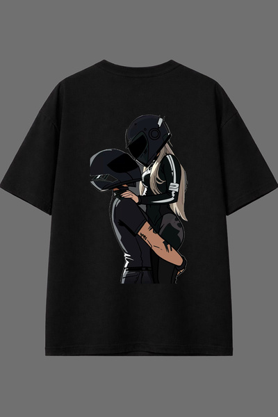 VSRN Motorcu Sevgili Tasarım Arka Baskılı Siyah Oversize T shirt
