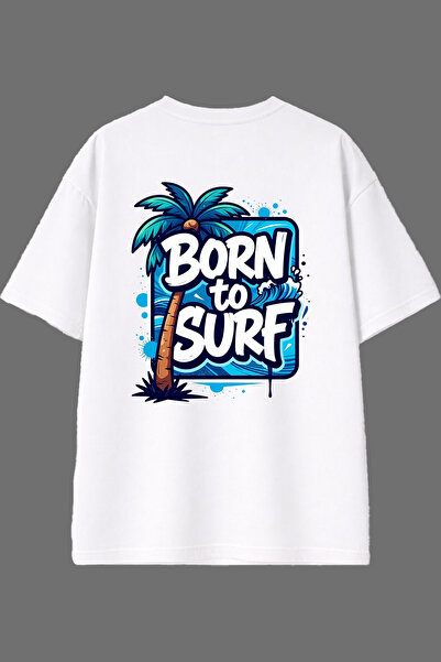 VSRN تي شيرت أبيض كبير الحجم بتصميم Born To Surf مطبوع من الخلف