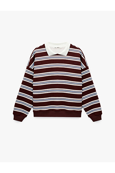 Koton Three-Thread Ribbed Long Sleeve Polo Collar Striped Rugby Sweatshirt