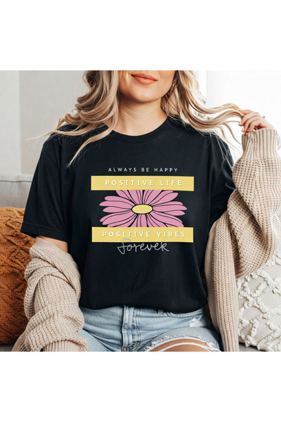 herkesemoda Always Be Happy Print Detailed Basic T-Shirt