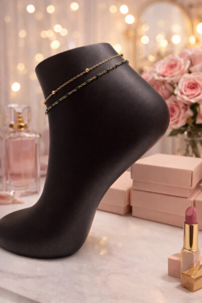 KZNovaStyle ✨   حلقة كاحل مزدوجة بتفاصيل ذهبية وخضراء بسيطة ✨
