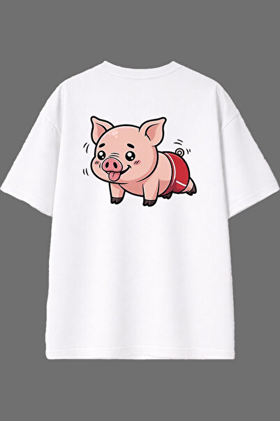 VSRN Push-Up Pig Design Back Printed White Oversize T-Shirt