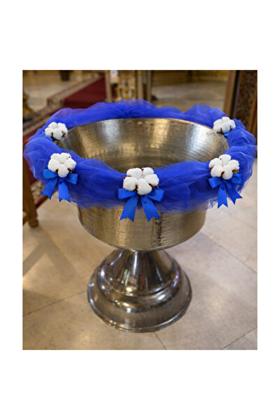 Recostore Tull decor cristelnita, albastru electric cu flori albe din BUMBAC,...