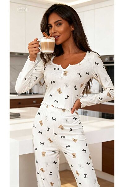 NiCe İç Giyim Ecru Color Teddy Bear Patterned Long Sleeve Slim Body Top Styli...