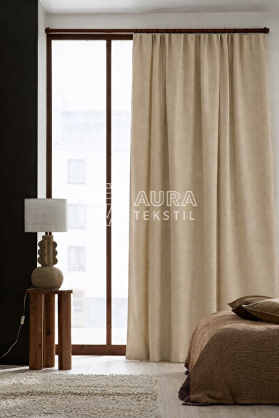 Fluiana Rustik Uyumlu Keten Fon Perde|Bej Renk Keten Fon Perde|Pilesiz|Özel Ö...