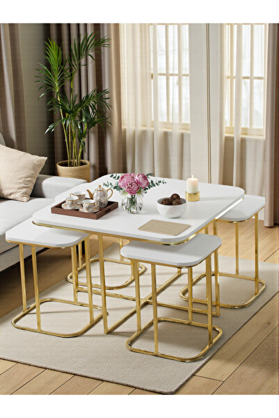 SEDAŞ LIVING UNITS 5 Li Iç Içe 4 1 BEYAZ (SUNTALAM) Gold Metal Ayak Takım Seh...