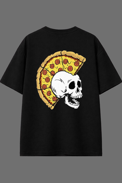 VSRN Tricou oversize negru cu imprimeu pe spate cu design Pizza Skull