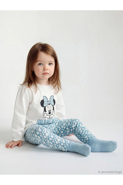 LC Waikiki تي شيرت وسروال ضيق للأطفال من LCW Baby Ecru Minnie Mouse مطبوع
