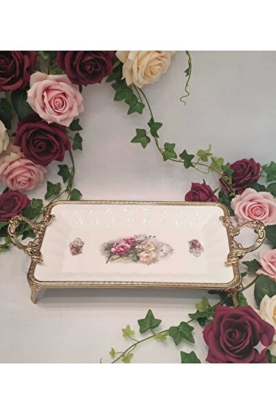 Furkan Decorative Bronze Metal Stand with White Rectangular Flower Plate