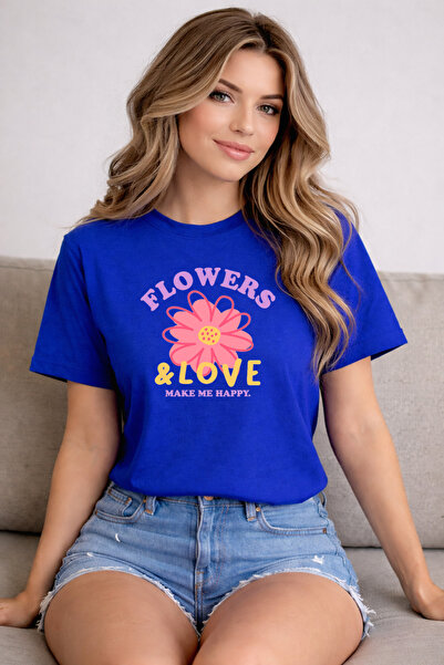 herkesemoda Flowers Love Print Detailed Basic T-Shirt