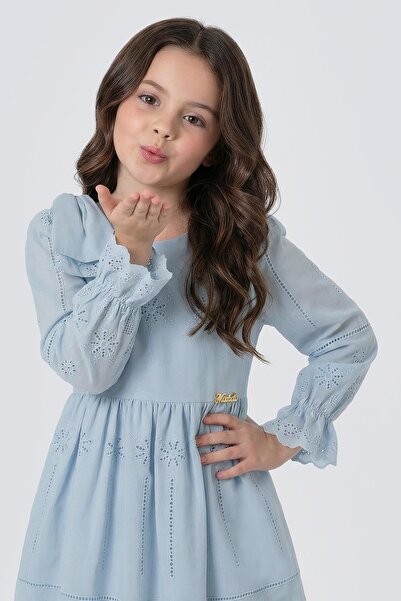 Zaziko Kids Girl's Long Sleeve Scallop Dress with Bow Detail on the Shoulder