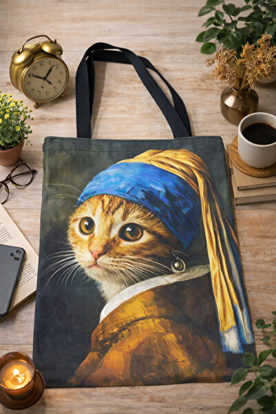street&bagdnz Cat with Pearl Earring Vermeer Artwork Printed 2-Piece Bag Set ...