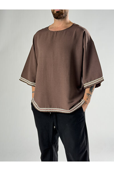 COCOPELLI Ανδρικό καφέ μπλουζάκι με μοτίβο στα μανίκια, oversize, COC2825