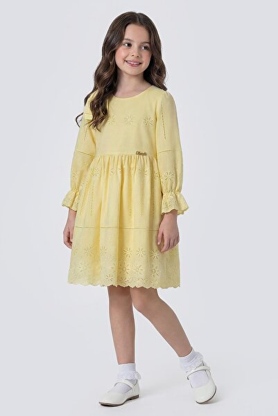 Zaziko Kids Girl's Long Sleeve Scallop Dress with Bow Detail on the Shoulder