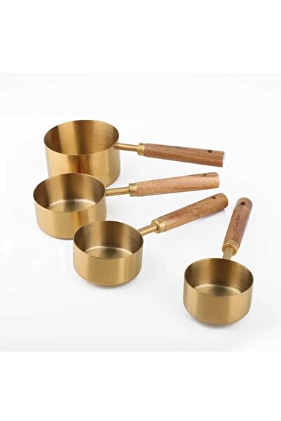 Home Gold Color Stylish Wooden Handle Measuring Spoon Set - Set of 4 Metal Me...