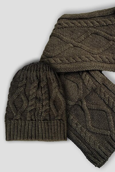 Sabri Özel Erkek Saç Örgü Örme %100 Akrilik Standart Beden Haki Atkı Bere Takımı