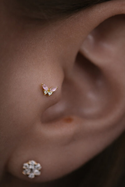 alysa jewelry Cerrahi Çelik pembe zirkon taşlı kelebek piercing tragus, helik...