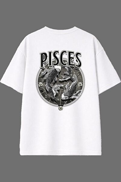 VSRN تي شيرت أبيض كبير الحجم بتصميم علامة برج الحوت مطبوع من الخلف