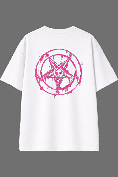 VSRN Tricou oversize alb cu imprimeu pe spate, design stea rotundă roz