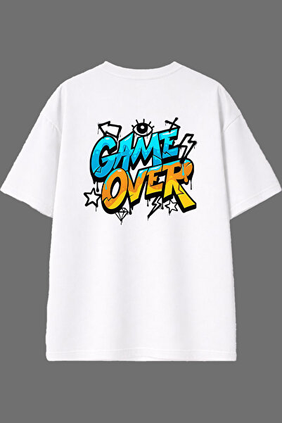 VSRN Tricou oversize alb cu imprimeu pe spate, design Game Over