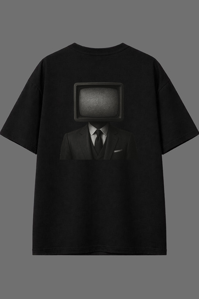 VSRN تي شيرت أسود كبير الحجم بتصميم تلفزيون آدم مطبوع من الخلف