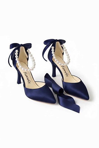 Famels Pearl-Embellished Low Heel Shoes Navy Blue Satin with Pearls and Safet...