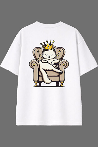 VSRN King Cat Design Back Printed White Oversize T-Shirt