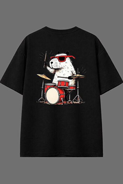 VSRN Tricou oversize negru cu imprimeu pe spate, design Capibara Baterist