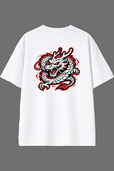 VSRN Tricou oversize alb cu imprimeu pe spate cu design Flaming Dragon