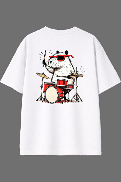 VSRN Tricou oversize alb cu imprimeu pe spate, design Capibara Baterist