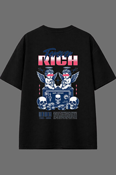 VSRN Tricou negru oversize Forever Rıch Tasarım cu imprimeu pe spate