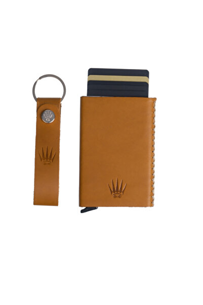 WATCHOFROYAL Gift Set Genuine Leather Buttero Camel Mechanism Card Holder & K...