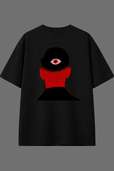VSRN Tricou negru oversize cu imprimeu pe spate, design Ochiul din spate