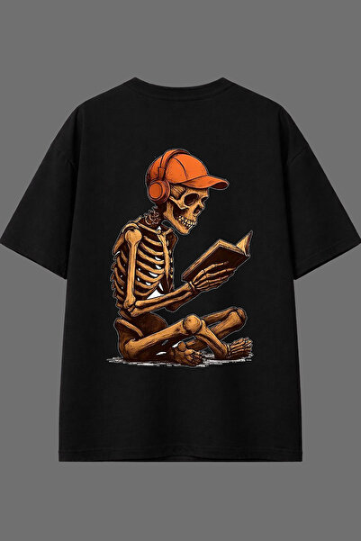 VSRN Tricou oversize negru cu imprimeu pe spate cu design Skeleton Reading a ...