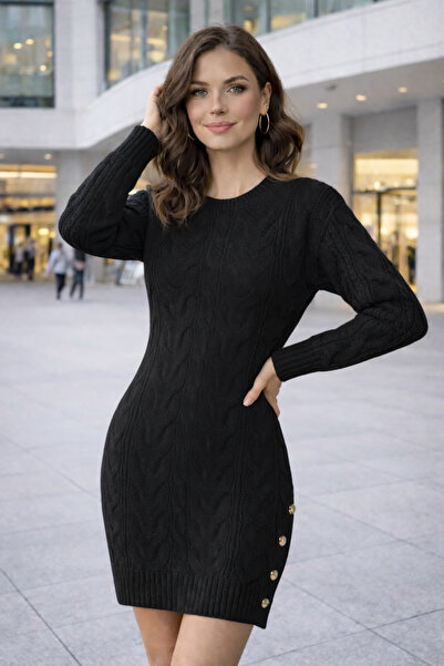 AQE FASHION Women's Knitwear Mini Dress Black Crew Neck Long Sleeve Braided B...