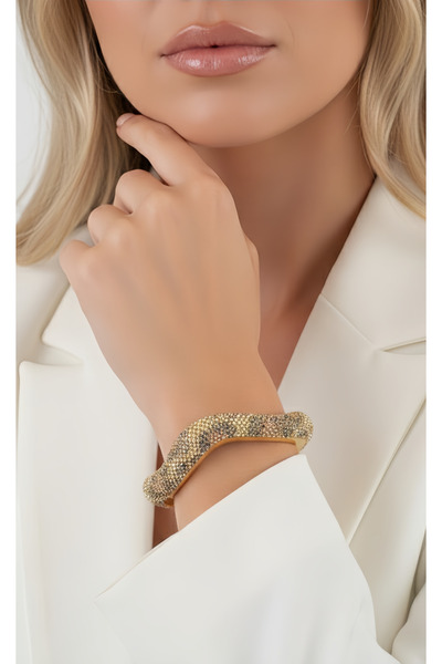 Eva Takı Store Leopar Asimetrik Taşlı Gold Kelepçe Bileklik