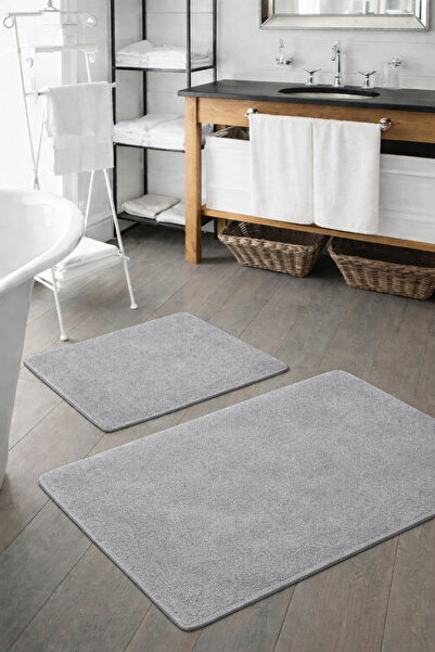 Sarar Plush Washable Gray Non-Slip Base 2-Piece Bath Mat Set (50X80 50X40)