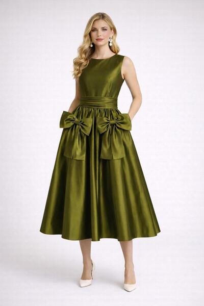 SERAVENZA COUTURE Midi Boy Seyyar Kuşaklı Fiyonk Detaylı Şık Davet Elbisesi C...