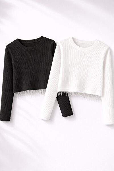 mini kanka 2-Piece Crop Fit Long Sleeve Ribbed Chain Blouse Set for Girls – C...