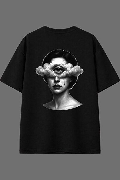 VSRN Tricou oversize negru cu imprimeu la spate, design pentru femei, cu un s...