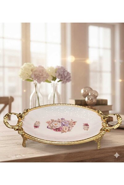 Furkan Decorative Gold Metal Legged Oval Flower Porcelain Presentation Plate