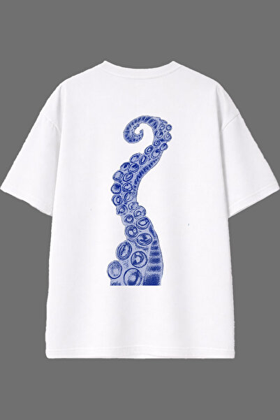 VSRN Tricou oversize alb cu imprimeu pe spate și design cu mânecă tip caracatiță