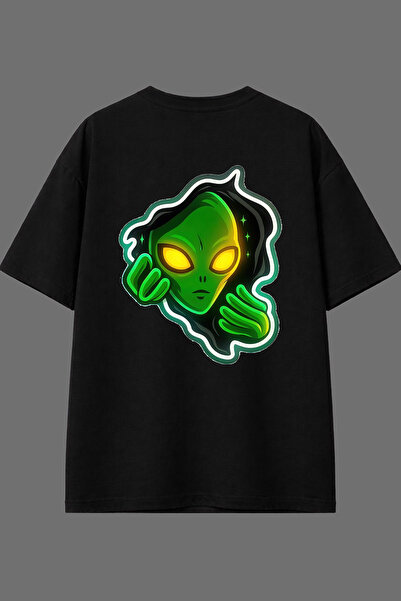 VSRN Tricou negru oversize cu imprimeu pe spate Green Alien Design