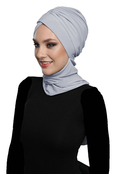 elysianfidan وشاح Kardelen مبطن باللون الرمادي الفاتح، وغطاء رأس للحجاب جاهز ...