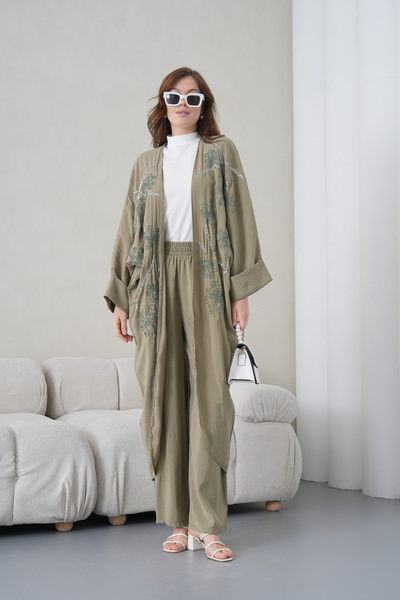 Miss Allos Women's Front Embroidered Beaded Linen Kimono Cardigan and Pants T...