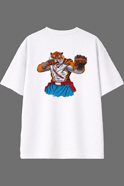VSRN Μπλουζάκι με σχέδιο Angry Tiger και στάμπα στην πλάτη, λευκό, oversized