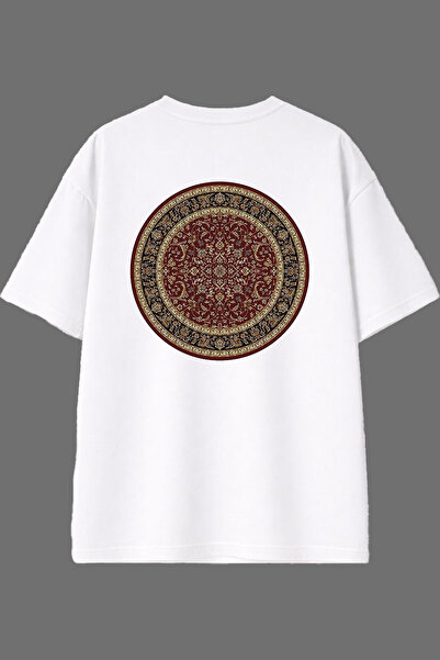VSRN تي شيرت أبيض كبير الحجم بتصميم سجادة مستديرة وطباعة خلفية